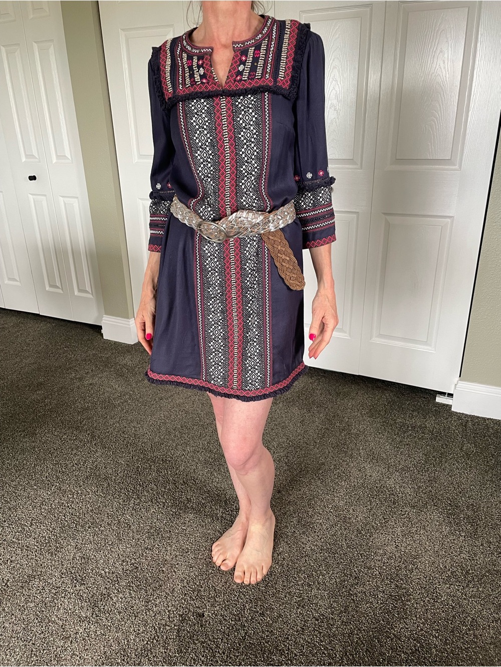 Anthropologie Navy Mini Dress with Pink Embroidery